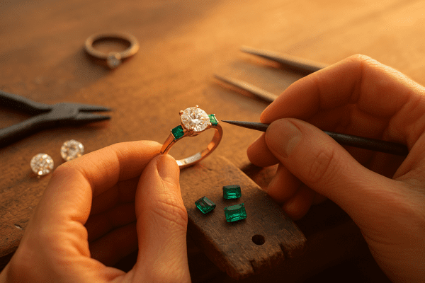 Jeweler handcrafting a moissanite and emerald ring in warm sunrise light.
