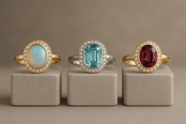 Bezel and halo set gemstone rings on stone pedestals with a soft taupe background.