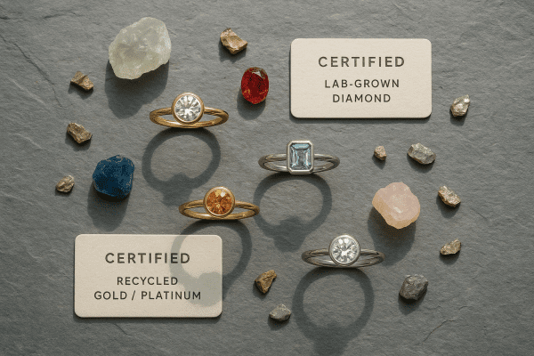 Eco-friendly engagement rings, raw gems, and recycled metals on a textured slate surface.