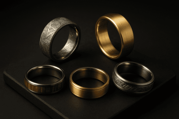 Contemporary men's wedding rings in meteorite, gold, wood inlay, and hybrid materials on a matte black slab.