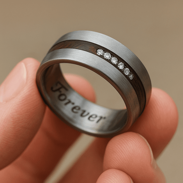 Macro hand holding a men's wedding ring with intricate inner engraving, diamond accents in wood inlay, brushed metal.