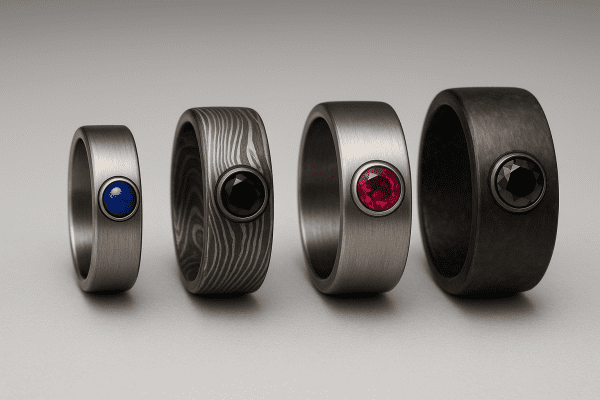 Men's wedding rings with lapis, onyx, ruby, black diamond in alternative metals, arrayed by width.