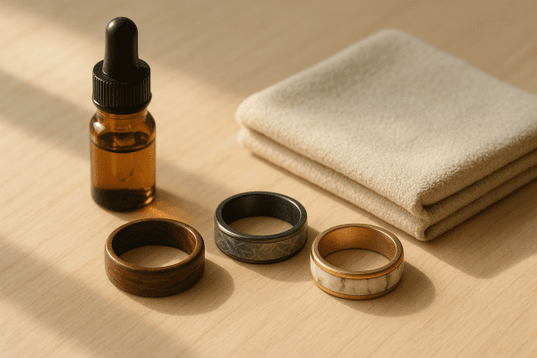 Men's rings with wood, meteorite, and bone inlay beside a microfiber cloth and oil bottle on a sunlit table.
