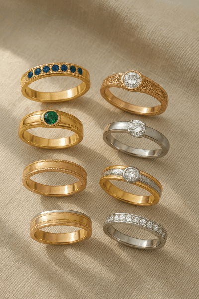 Handmade gemstone and mixed metal wedding bands arranged on textured linen under soft daylight.