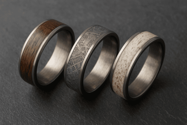 Macro view of wedding rings with wood, meteorite, and antler inlay on deep slate.
