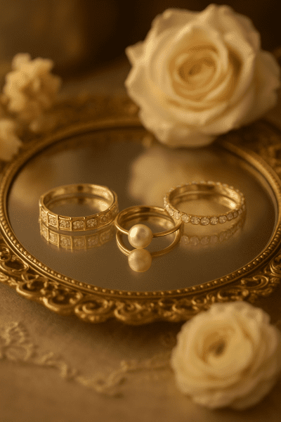 Art Deco and pearl wedding rings on a vintage mirrored tray with cream florals.