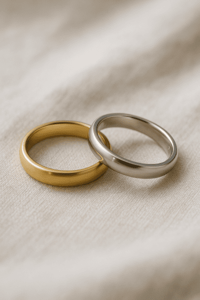 Close-up of gold and platinum women's wedding rings on linen, highlighting sizing and fit.