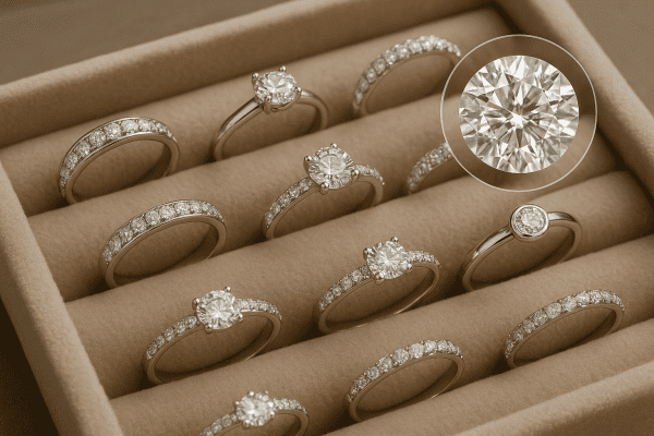 Elegant diamond women's wedding bands displayed on a velvet tray, showing clarity and carat.