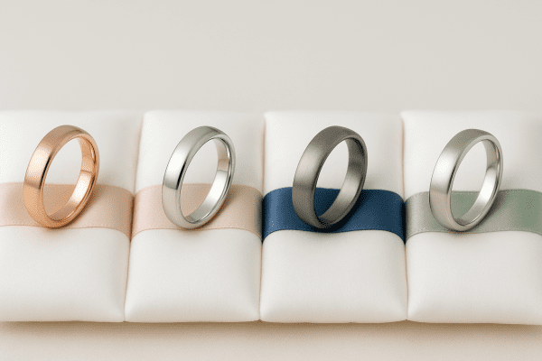 Rose gold, white gold, titanium, and palladium women's wedding rings on satin pillows with colored ribbons.