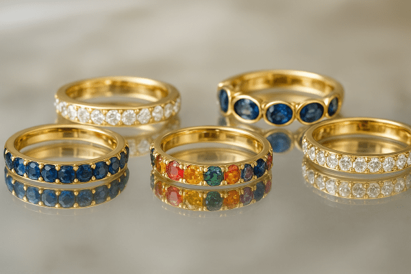 Eternity rings and sapphire gemstone wedding bands for women on a mirrored surface, showing vibrant colors.