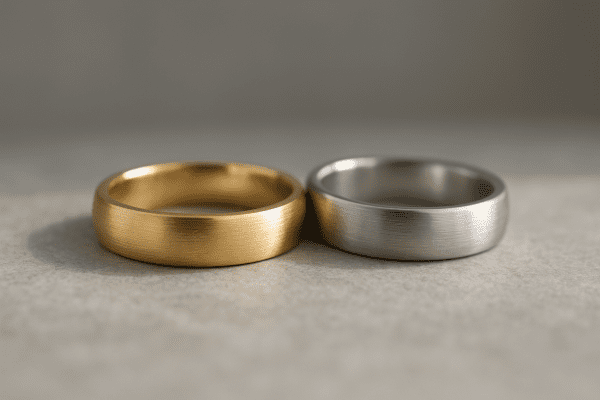 Close-up of platinum and gold wedding rings on a smooth stone surface.