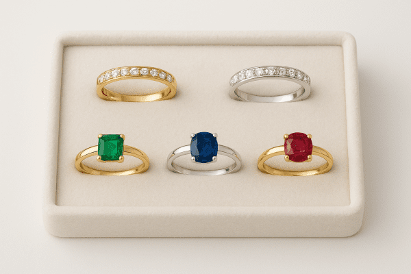 Five diamond and gemstone wedding bands on a velvet tray.