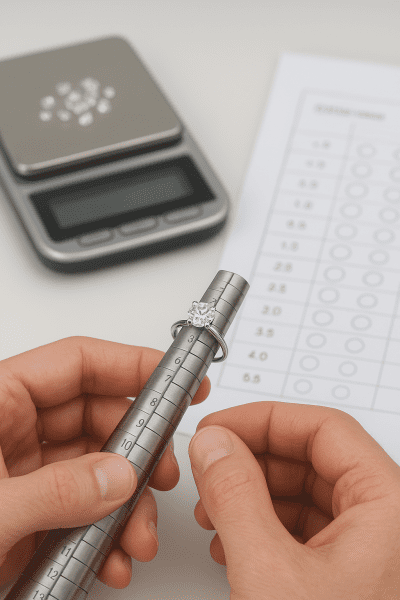 Jeweler measuring a diamond ring on a mandrel with a carat chart and scale nearby.