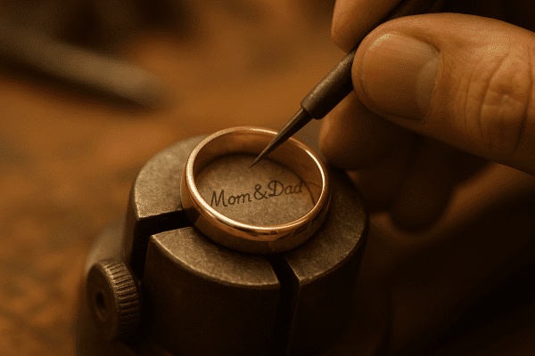 Macro view of a jeweler engraving a custom message inside a ring.