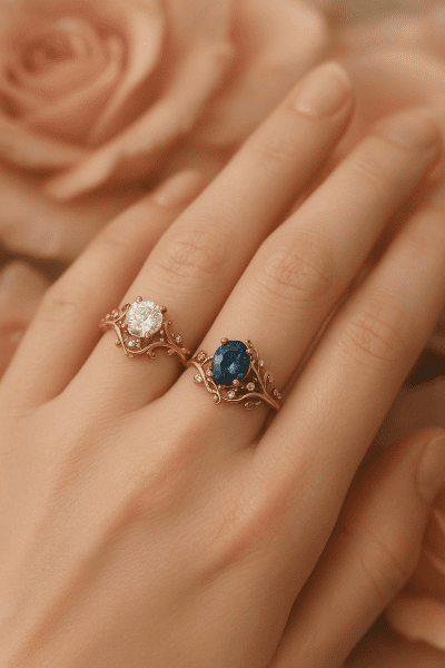 An artistic, whimsical engagement ring with diamond and sapphire gemstones in a flowing, asymmetrical cluster setting, displayed elegantly with scattered rose petals.
