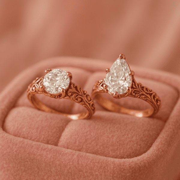A whimsical rose gold engagement ring with ornate vintage scrollwork and claw prongs, displayed on a blush velvet tray.