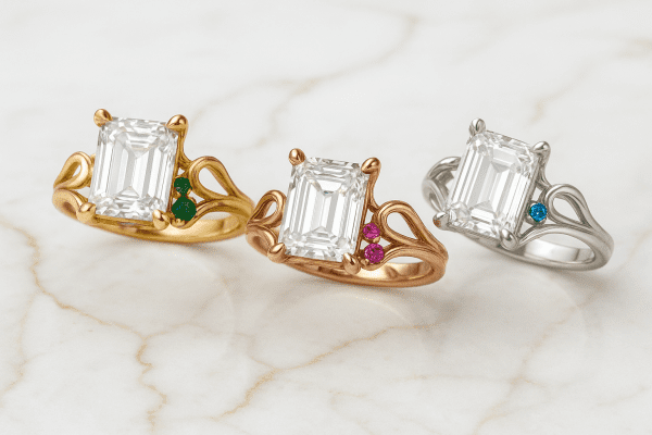 A modern whimsical engagement ring with emerald cut gemstone, bold sculptural prongs, and vibrant accents on white marble.